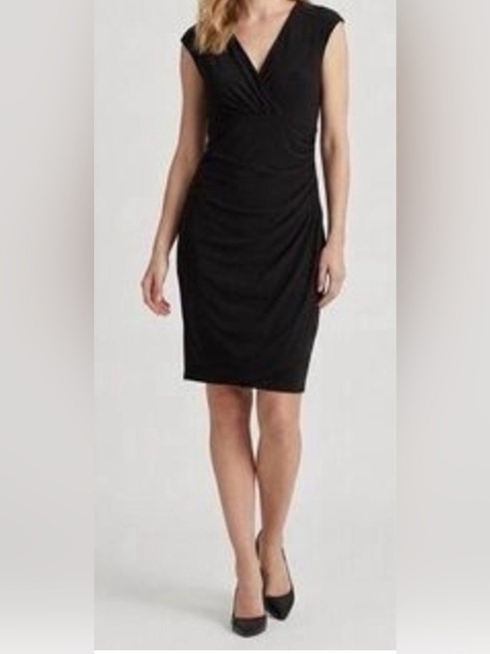 Lauren Ralph Lauren Black Cap‑Sleeve Ruched Sheath Dress